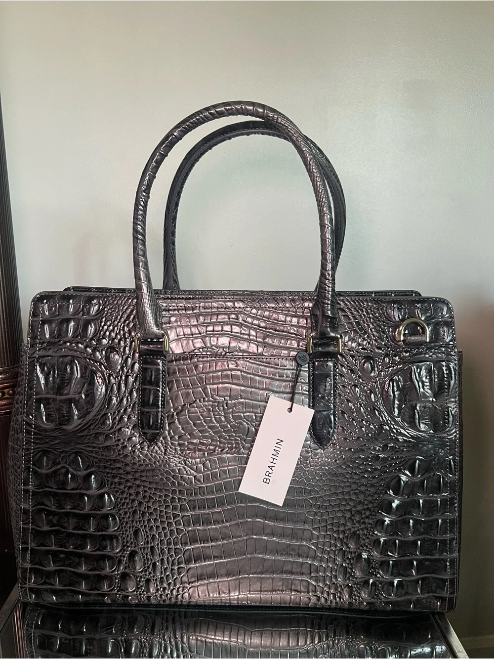 BRAHMIN | Charcoal Finley Carryall Croc-Embossed Satchel NWT